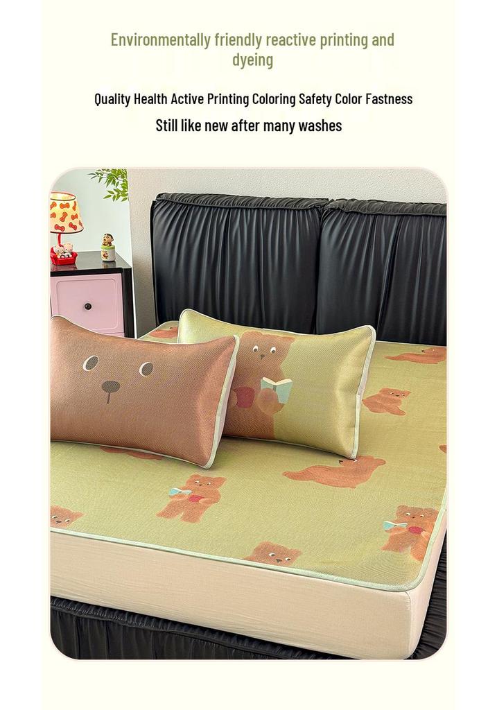 Green Little Bear Ice Silk Cooling Mat Set: Washable, Foldable, Soft - Free Shipping
