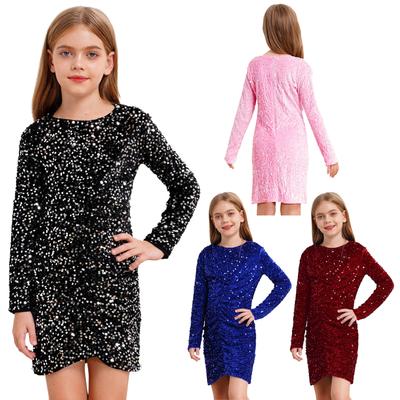 Vestido de Fiesta de Cumpleaños para Niñas Vestido Brillante de Lentejuelas Manga Larga de Terciopelo para Fiestas de Graduación y Celebraciones