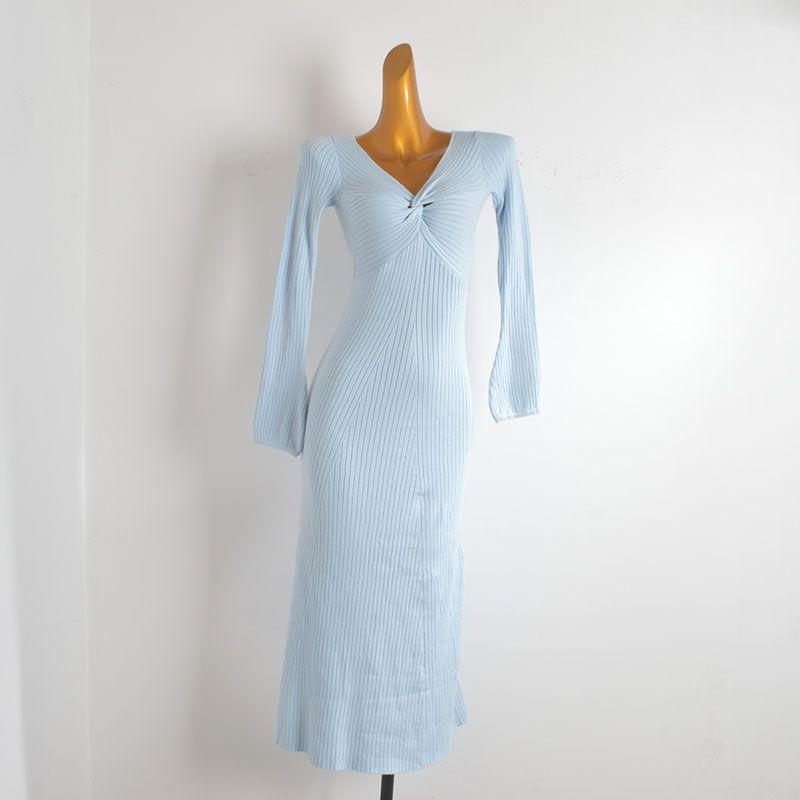 

Sexy Sexy Twisted Knitting Dress Women s Spring Fall and Winter New Arrival Silm Slimming Long Bottoming Sweater A- line Skirt Light Blue M/L