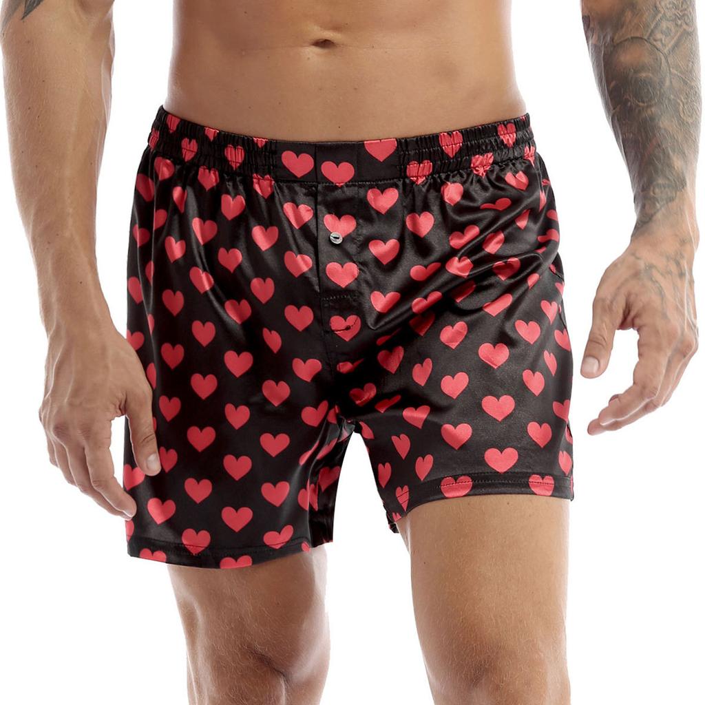 Mens Love Heart Print Soft Boxer Shorts Lightweight Loose Sports Short Pants Sleepwear Beachwear