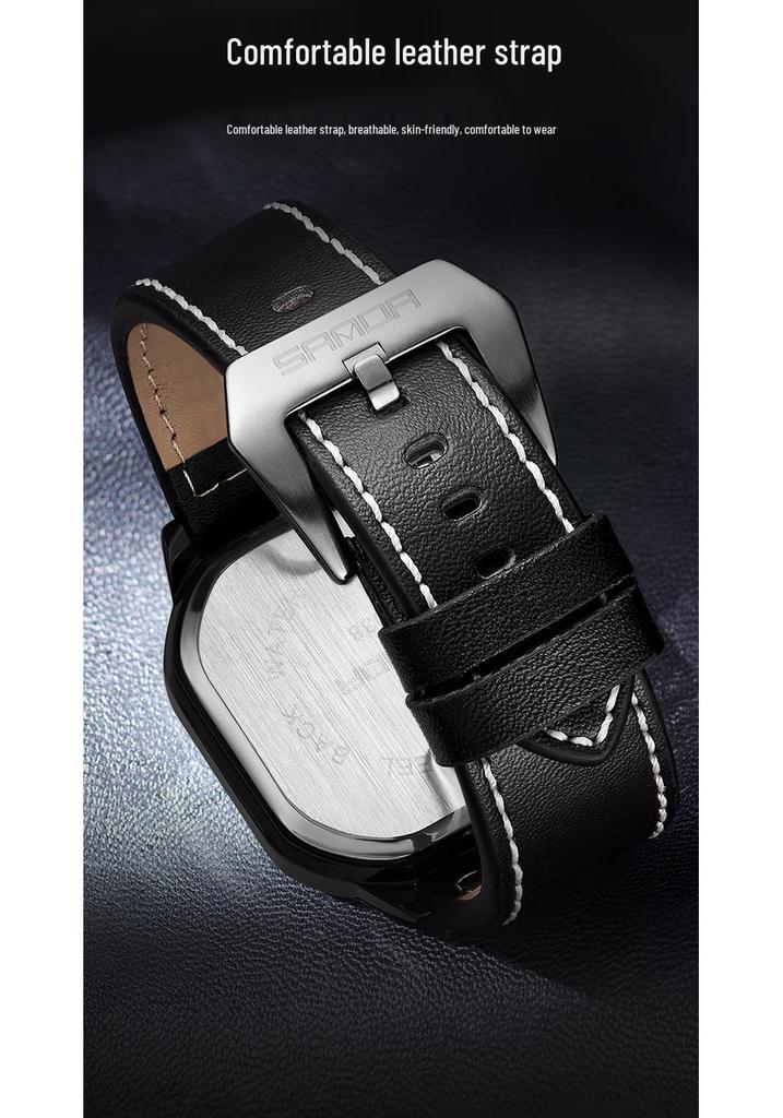 Sanda Men's Alloy Square Watch with Calendar, 30m Waterproof, Leather Strap, Luminous Quartz.