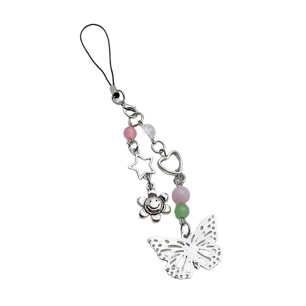 Handmade Star Bead Pendant Phone Charm Hanging Rope Bowknot Charm Keychain Antilost Cellphone Strap for Women Bag Purse