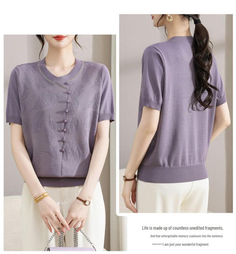 Elegant Retro V-neck Knit T-shirt for Women
