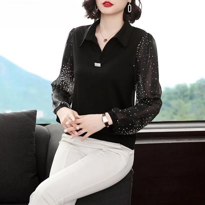 Dámské jaro podzimní styl šifonové halenky trička dáma ležérní s dlouhým rukávem výstřih do V puntíkovaný topy svetr