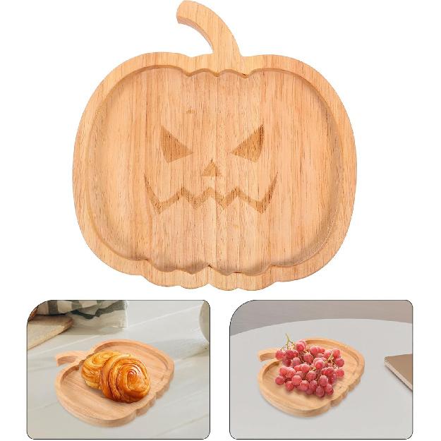 ABOOFAN Halloween Pumpkin Serving Tray Wooden Snack Plate Fruit Storage Plate for Fall Party Tableware