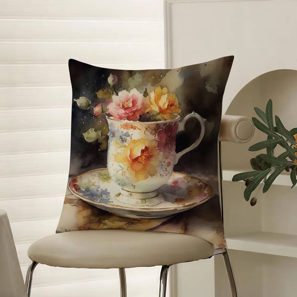 Painting Cup of Flowers Pillow Case Comfort Sofa Bed Silky elegant Invisible zipper Decorative cushion cover