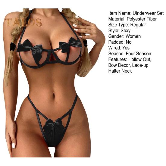 2 Pcs/Set Women Underwear Set Bow Decor Hollow Out Three-point Lace-up Halter Neck Honeymoon Bedroom Bra G-string Set High Waist Revealing Thong