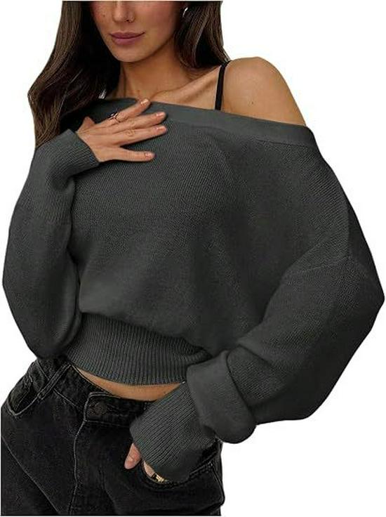 2026 Autumn/Winter European American Off-Shoulder Knit Sweater - Women's Solid Color Pullover, Long Sleeve Top