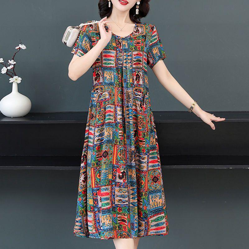 Damen Frühling Sommer Leichtes Glattes Kleid Bestickte Übergrößenkleider Kurzarmkleider