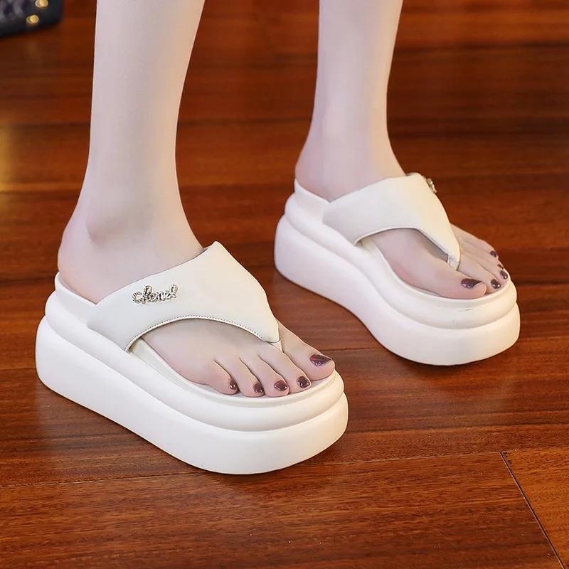 Papuci de vară cu platformă groasă și vârf între degete pentru femei, cu toc pană de 7,5 cm, șlapi de damă negri slip-on, sandale cu talpă groasă pentru femei