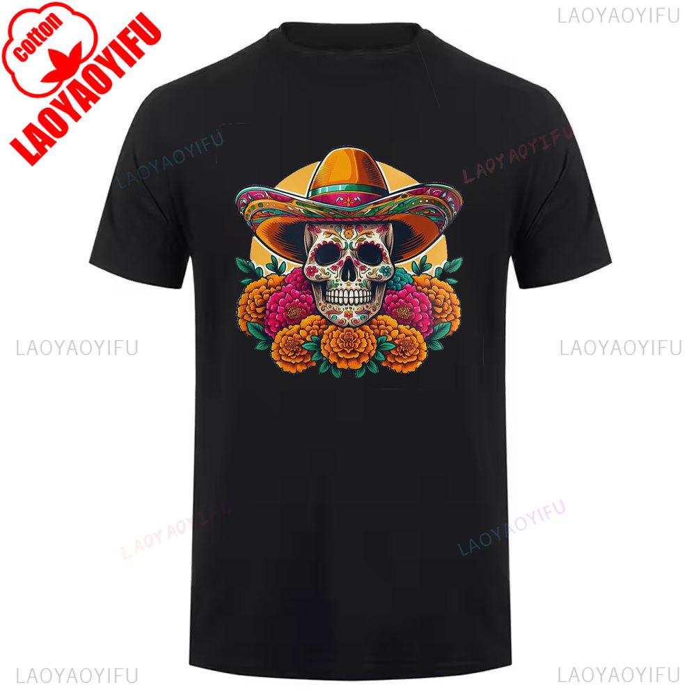 Mexican Skull Pattern Cotton Summer Tee Unisex Short Sleeve Round Neck Retro Style Graphic Shortsleeved Launched Casual Tshirt