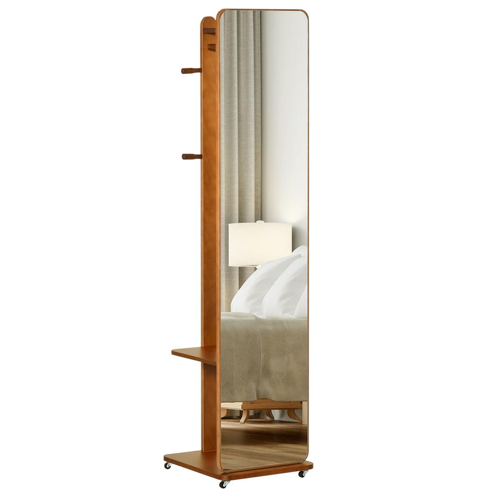 Standing Mirror with Wheels - Clothes Rack, 4 Hooks Shelf MDF Walnut Look