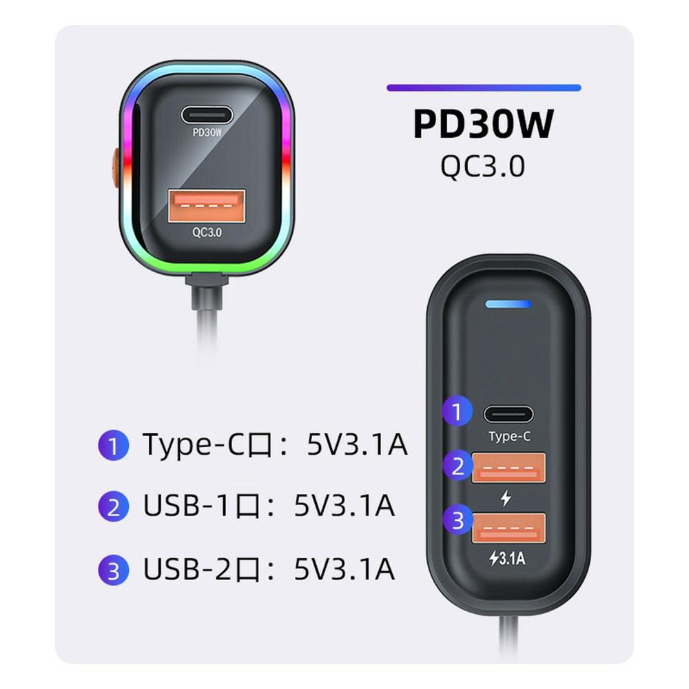 PD 30W Fast Charging Adapter with 1m Extension Cable Rear Seat Multi-Port Car Charger