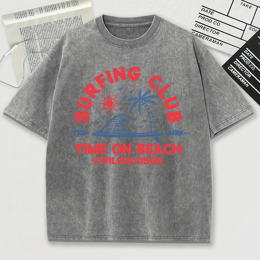 Surfing Club Time On Beach Civilion Print Retro Tee Shirts Summer Cotton Loose Men T Shirt Soft Sportwear Washed Clothes
