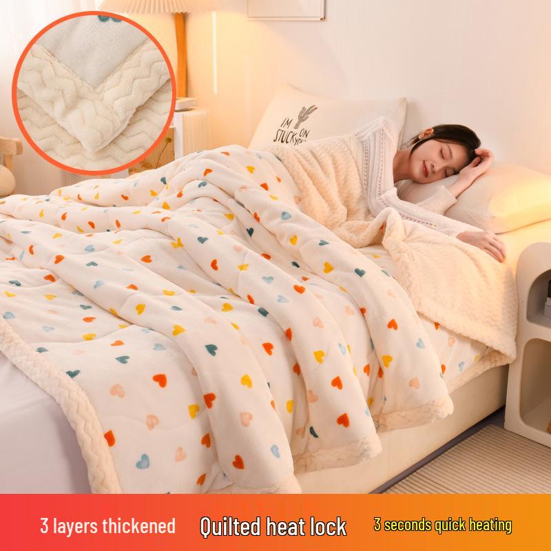 Three-Layer Quilted Milk Velvet Cartoon Blanket - Thick, Machine Washable, Ideal for Autumn/Winter Naps