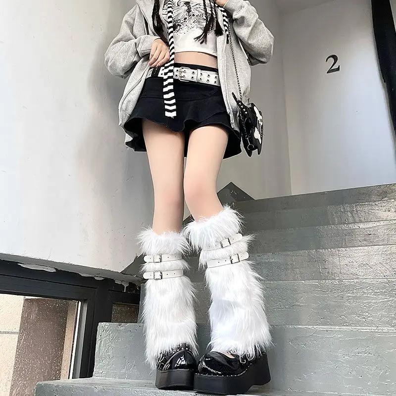 Y2K White Faux Fur Leg Warm Sock Warmers Boot Covers Lady Cute Jk Knee Length Hipster Fashion Furry Leg Warmers Socks