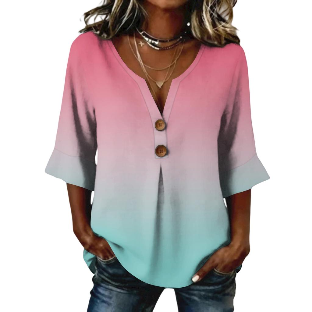 Ladies' gradient printed button casual V-neck fashionable seven quarter sleeve top