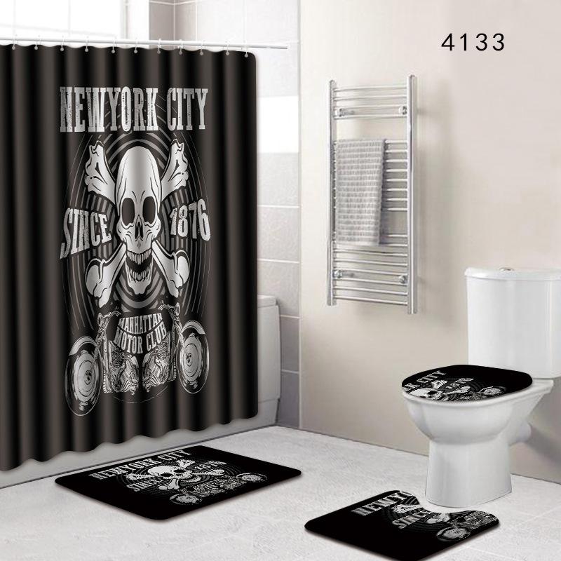 Skull Bathroom Shower Curtain Floor Mat Toilet Cover Foot Pad Four-Piece Pattern Size Fixed Zhi