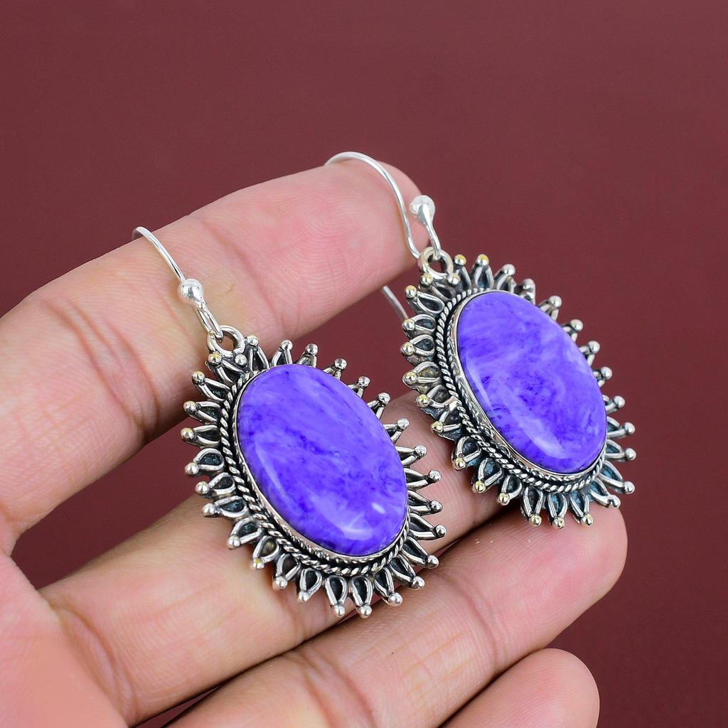 Charoite Gemstone Earrings Handmade Jewelry 925 Sterling Silver Earring Original Charoite Jewelry Awesome Dangle Earring Anniversary Gifts