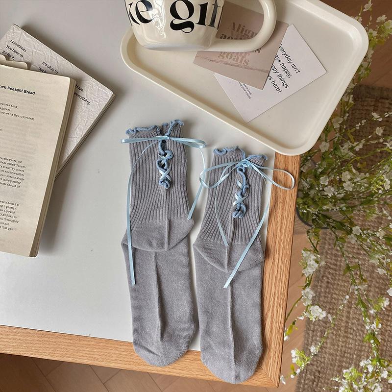 

Женская Весна и Лето Тонкая Модель Сладкий Каблук Бант Шнуровка Деревянное Ушко Сбоку В Трубку Носки-Пиле 1 pair серый