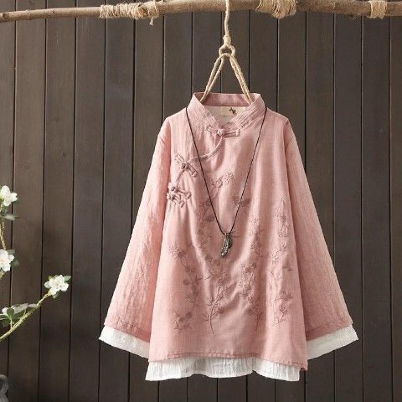 Retro Embroidered Disc Buckle Linen Cotton Blouse, Chinese Style Zen Tea Dress, Loose Stitching Round Neck Shirt, Women