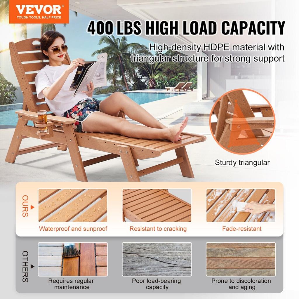 Outdoor Chaise Lounge Chair 6-Position Reclining Patio Bench Lounger Brown