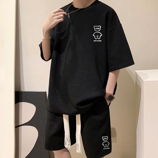 2 Pcs/Set Men Summer Tracksuit Cartoon Bear Korean Style Half Sleeves Sports Drawstring Casual Top Shorts Suit Male Clothes