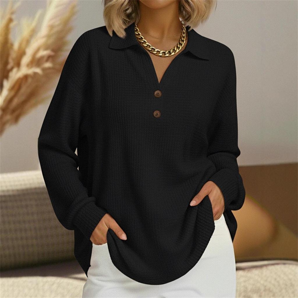 Women's V-neck Button-down Knit Color Loose Pullover Long-sleeved Top