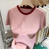 Fashion Short-sleeved Female Spring and Summer Design Sense Niche Unique Chic Tops Inside The Short Section of The Color Collision Round Neck Sweater
