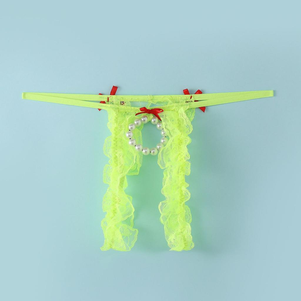 Men's Hot Bow Lace Thong Charm Bead Ring Panties Perspective Hollow Crotch Low Waist Fun Strap