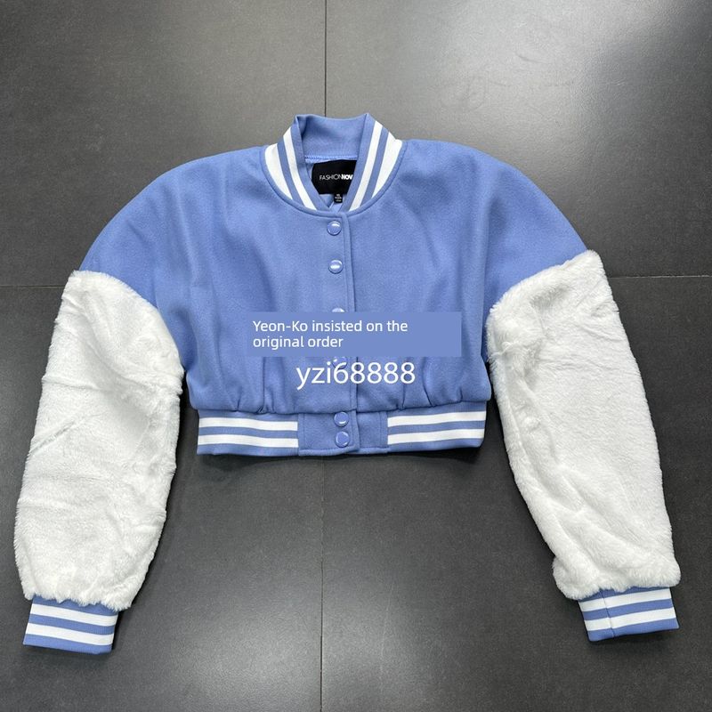 

Los Angeles Single FN Ultra High Waist Short Baseball Uniform High Waist Exposed Navel Short Green Blue Short Coat Top Women Blue Short Jacket Sleeves Mao Mao L