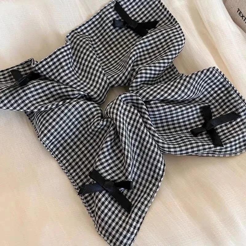 Square Large Black White Checkered Striated Leopard Print Bowknot Heart Intestine Hair Ties for Women Fashion Temperament Scarf