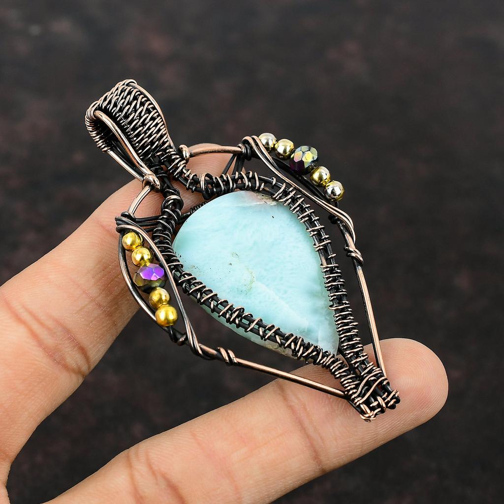 Larimar Pendant Copper Wire Wrapped Pendant Top Quality Gemstone Pendant Handmade Jewelry Copper Jewelry Titanium Beads Pendant Gift For Mom