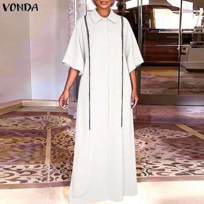 Women Lapel Neck Long Sleeve Embroidery Hem Casual Long Elegant Shirts Dress
