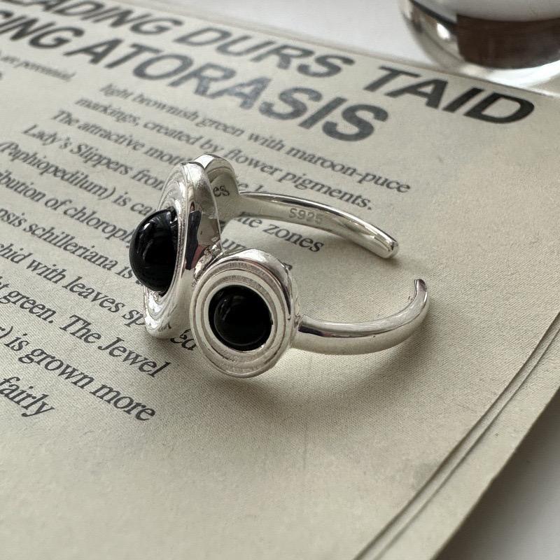 925 Sterling Silver Rings For Women Geometric Fine Jewelry Finger Adjustable Simple Black Stone Bal Ring For Party Birthday Gift