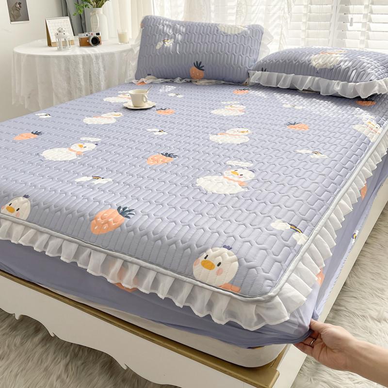 3-teiliges Sommer-Bettrock-Set für Mädchen aus Spitze, Latex, Kühler, weiche Matratzenunterlage, waschbar, Eisseide, Spannbettlaken-Set mit Kissenbezug