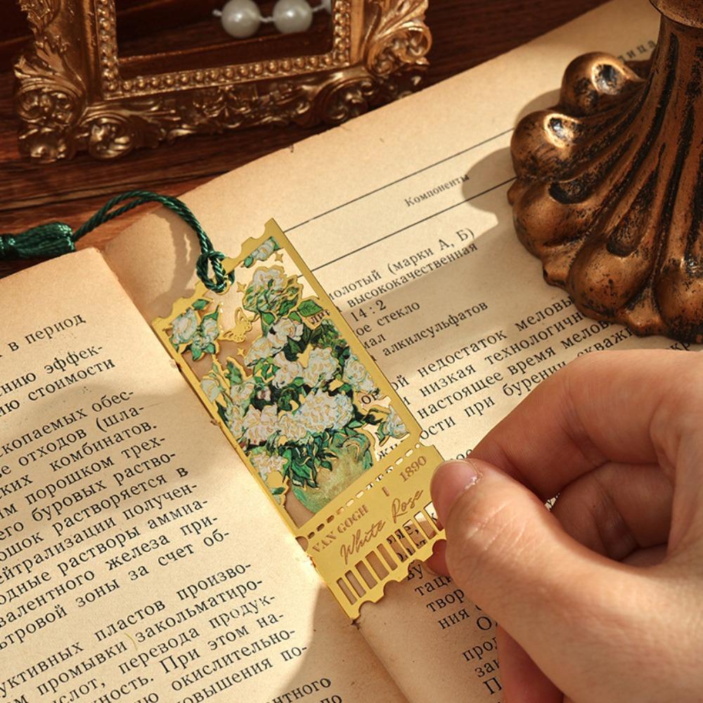 Retro Metal Metal Bookmark Tassels Oil Painting Style Hollow Bookmark Stationery Famous Painting Book Clip Teacher