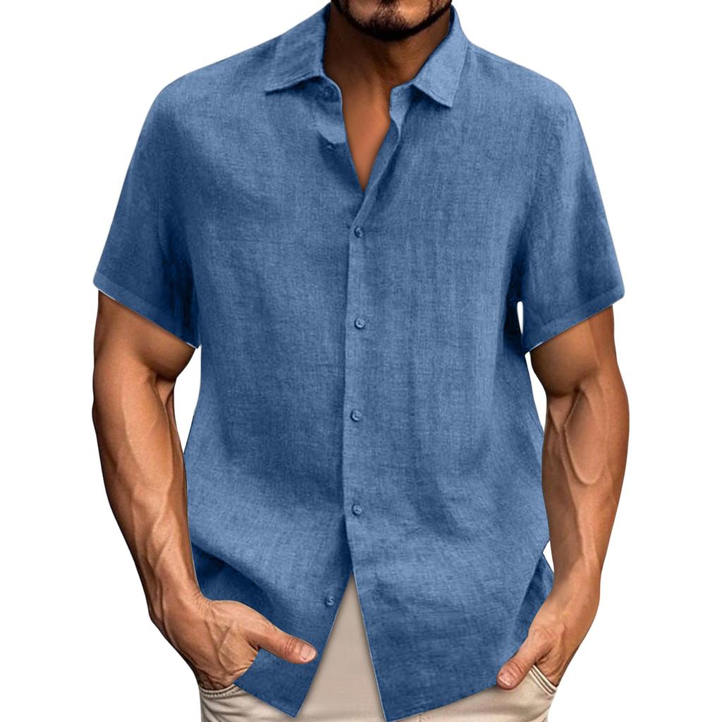 Spring Summer Men's Casual Cotton Linen Color Short Sleeve Shirts Loose Shirts