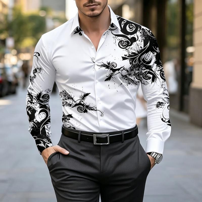 Men's Red Black Baroque Floral Print Long Sleeve Shirt Slim Fit Button Down Casual Business Dress Shirts