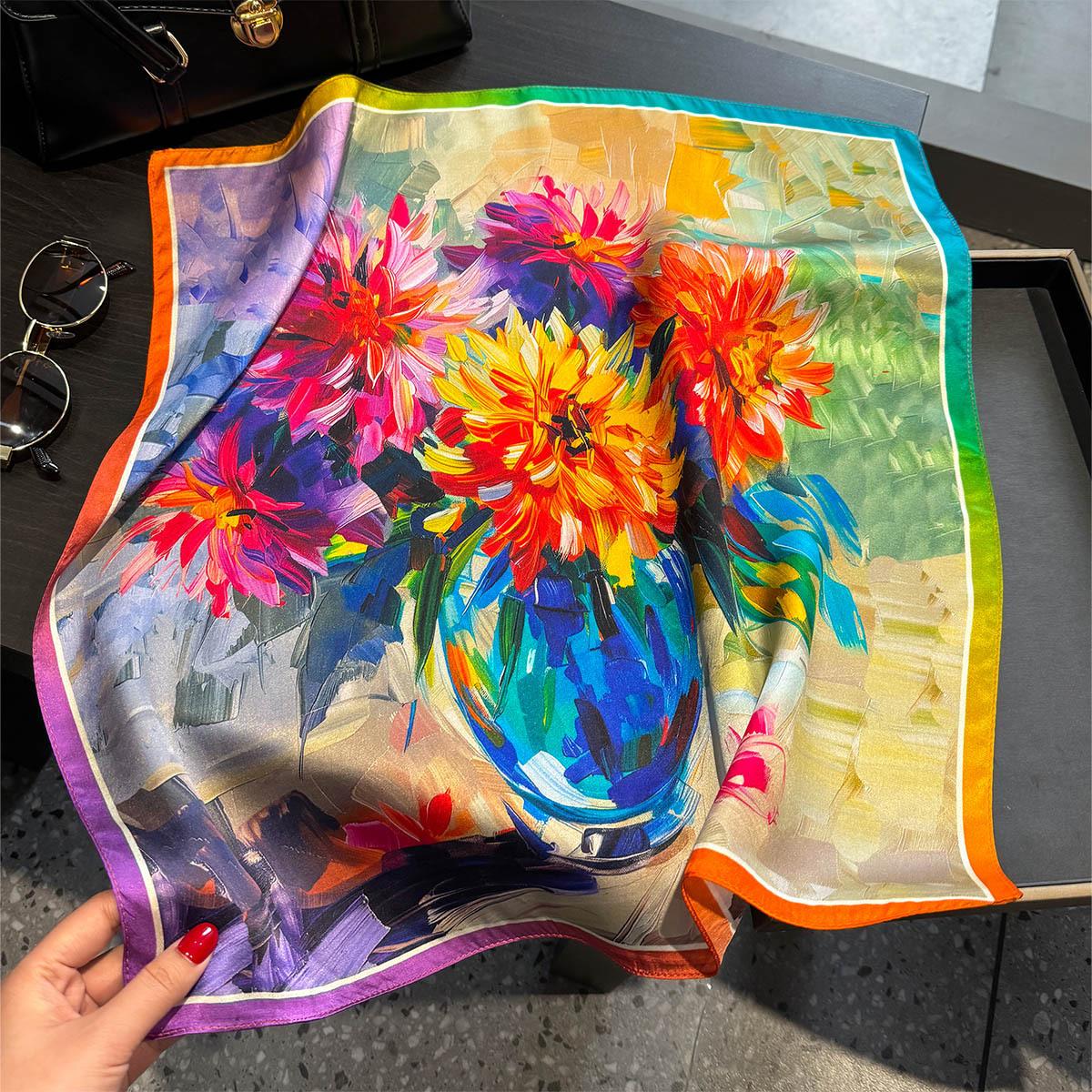 

Роскошный шарф из 100% шелка тутового шелкопряда Женский Масляный Цветочный Принт Бандана Шаль Женский Шейный Платок Носовой Платок Декоративная Накидка 53 см 53x53CM