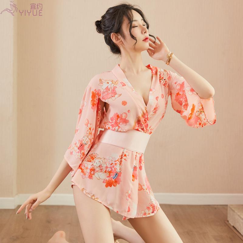 New Japanese-style Printed Kimono Sexy and Hot Set, Seductive Cardigan Chiffon Nightgown 8108