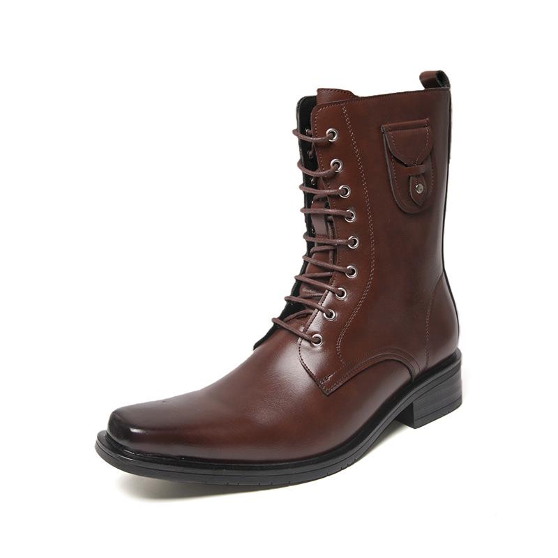 Men s Plus Size High-Top Lace-Up Leather Boots with Zipper - Autumn/Winter Trendy Mid-Calf Style 43 коричневый