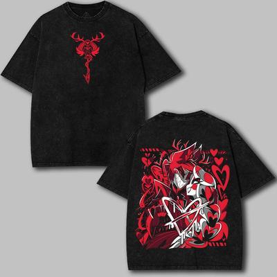 Camiseta de Dibujos Animados Hazbin Hotel Adam El Exorcista para Hombre y Mujer Ropa Anime Vintage Lavada Camiseta de Algodón Manga Corta Camisetas Holgadas