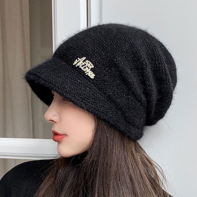 Winter new hat women's autumn and winter rabbit wool knitted hat high-grade double-layer thickened cold-proof headgear