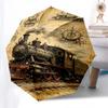 Steam locomotive, Vintage illustration Themed Automatic Opening and Closing Umbrella, Brightly Colored 8-rib Portable Umbrella, Suitable for