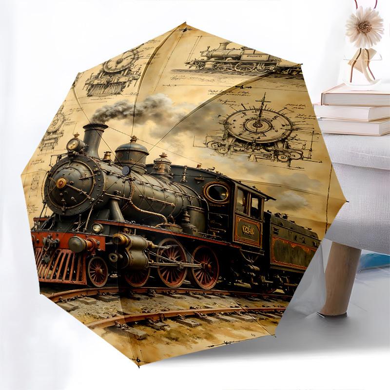 Steam locomotive, Vintage illustration Themed Automatic Opening and Closing Umbrella, Brightly Colored 8-rib Portable Umbrella, Suitable for