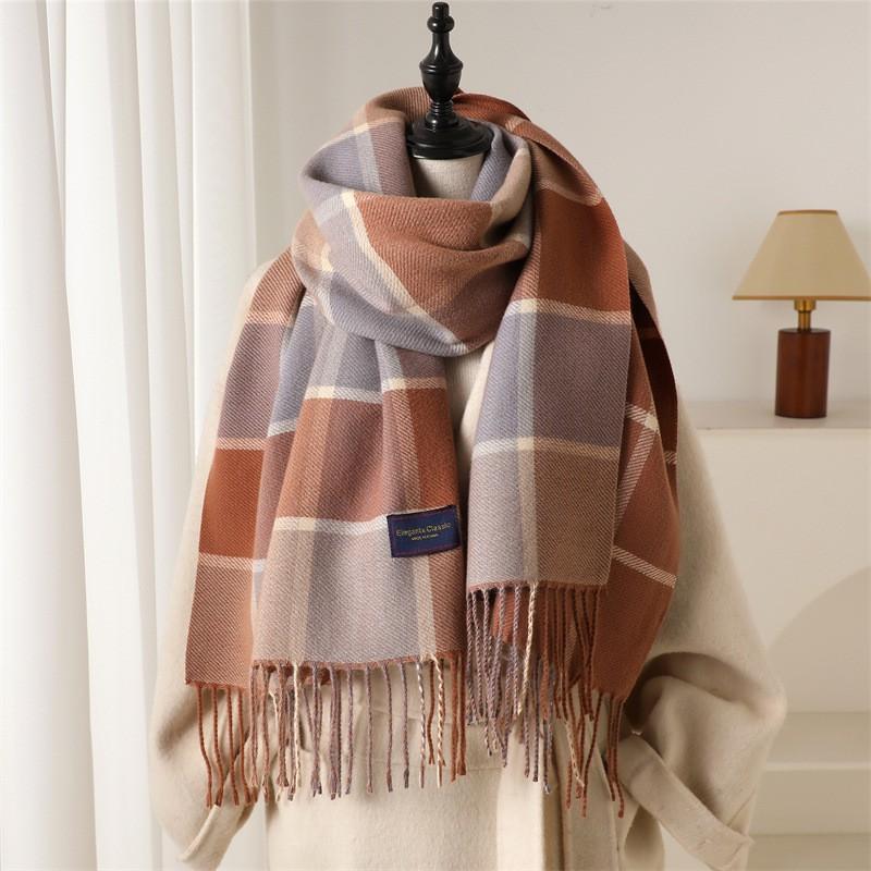 Soft Faux Cashmere Plaid Scarf With Tassels Men Women Warm Winter Wrap Office Chic Casual Wear
