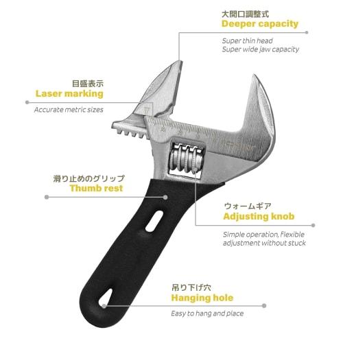 BOOSDEN Short Wide Adjustable Wrench, Pocket Monkey Wrench, Lightweight, Adjustable, Maximum Opening Width 38mm (160mm)