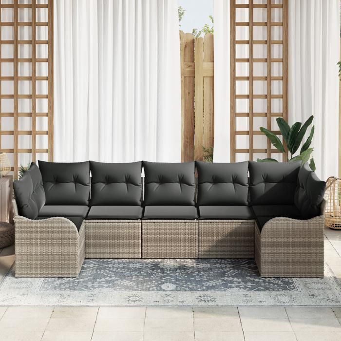 Ensemble de canapés de jardin 7 pièces avec coussins gris clair poly rotin, Canapé de jardin 2 places avec coussins gris 3345852