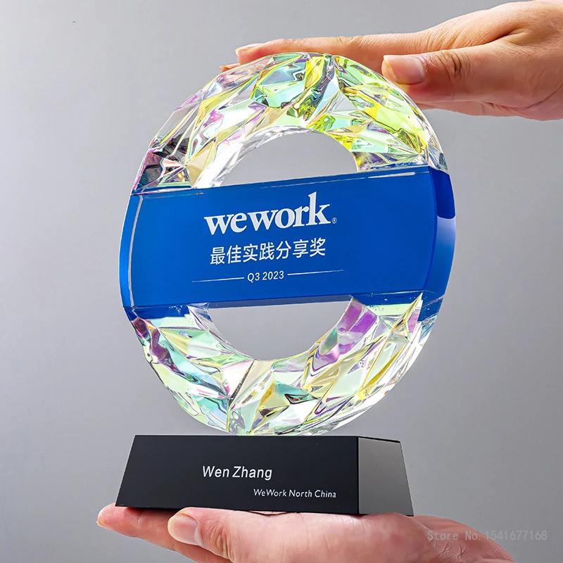 Customized Circular Crystal Trophy Company Annual Meeting Excellent Employee Souvenirs Home Decoration Craft Lettering Medal 1Pc